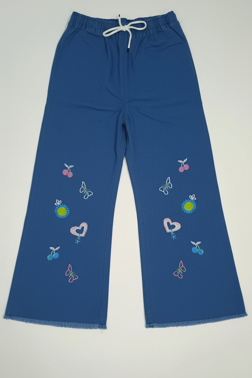 Embroidered Free Size Wide Leg Jeans Pant - Blue Garden