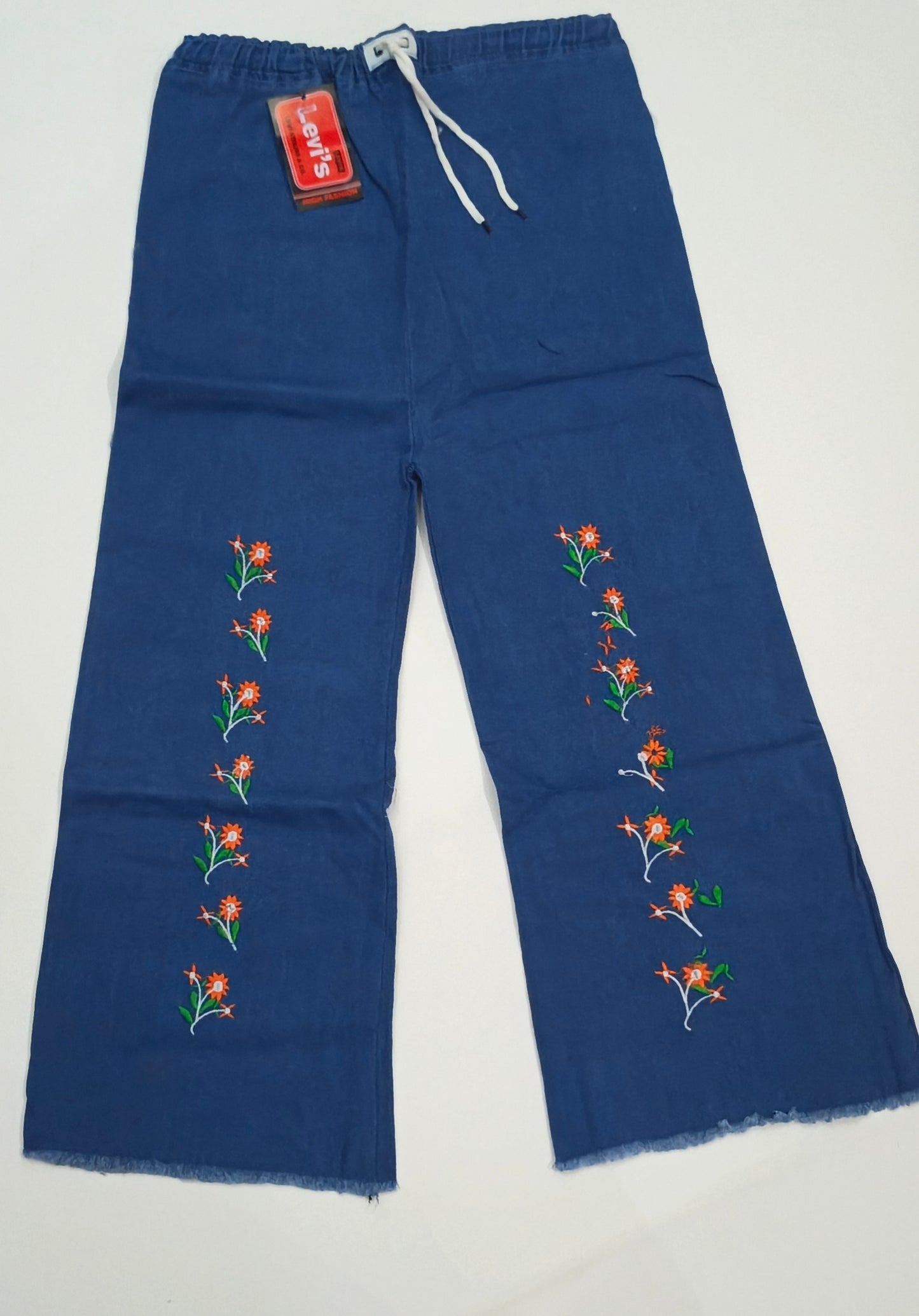 Embroidered Free Size Wide Leg Jeans Pant - Orange Blossom