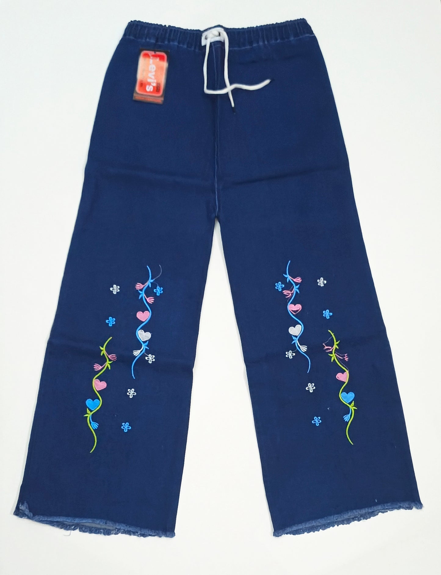 Embroidered Free Size Wide Leg Jeans Pant - Love Vine