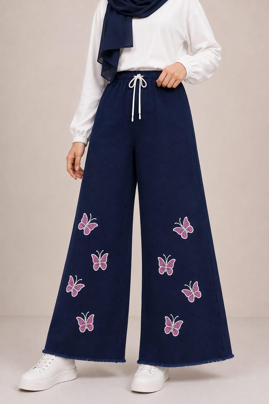 Embroidered Free Size Wide Leg Jeans Pant - Butterfly Bloom