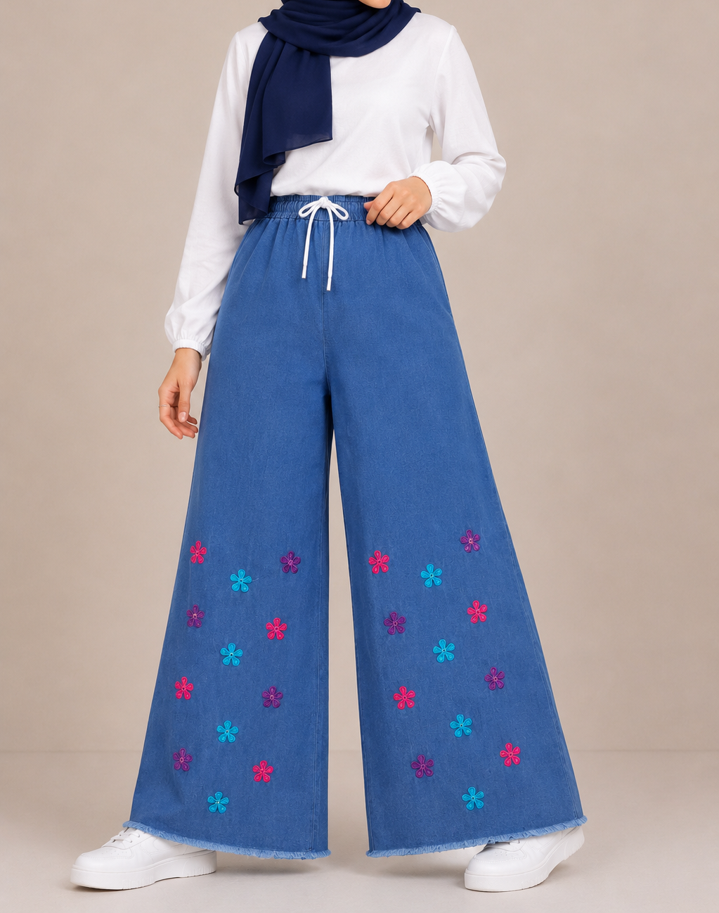Embroidered Free Size Wide Leg Jeans Pant - Colorful Daisy