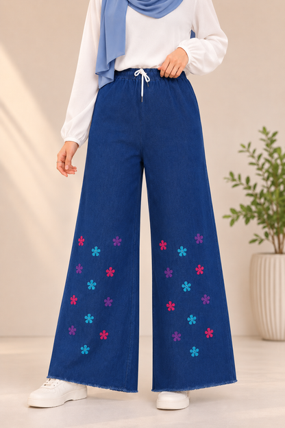 Embroidered Free Size Wide Leg Jeans Pant - Colorful Daisy