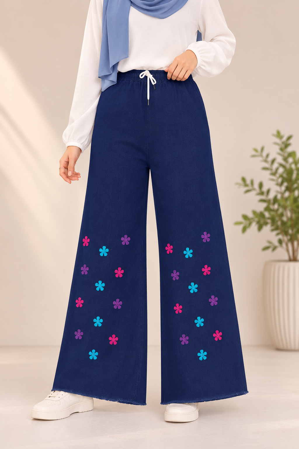 Embroidered Free Size Wide Leg Jeans Pant - Colorful Daisy