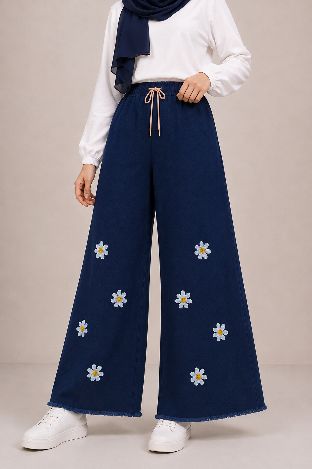 Embroidered Free Size Wide Leg Jeans Pant - Daisy Bloom