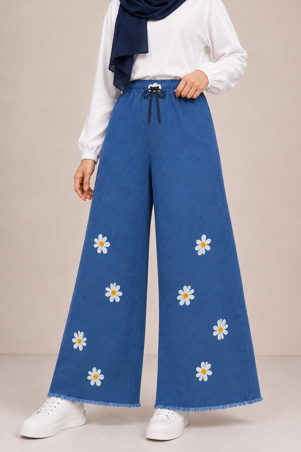 Embroidered Free Size Wide Leg Jeans Pant - Daisy Bloom