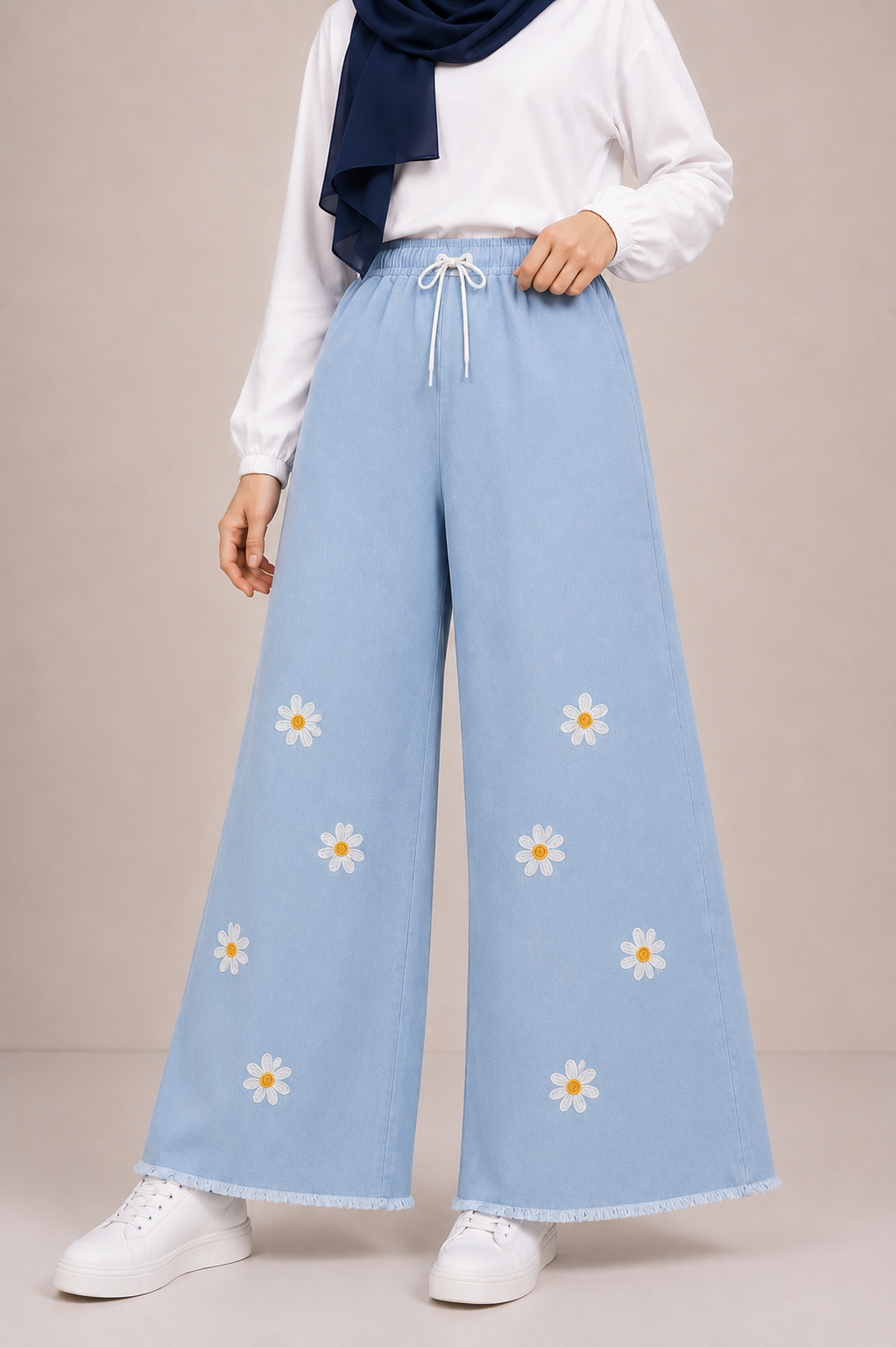 Embroidered Free Size Wide Leg Jeans Pant - Daisy Bloom