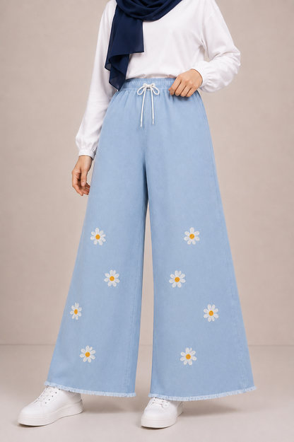 Embroidered Free Size Wide Leg Jeans Pant - Daisy Bloom