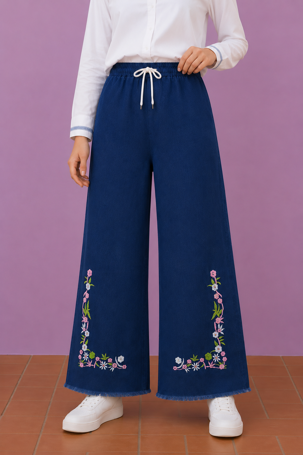 Embroidered Free Size Wide Leg Jeans Pant - Floral Corner