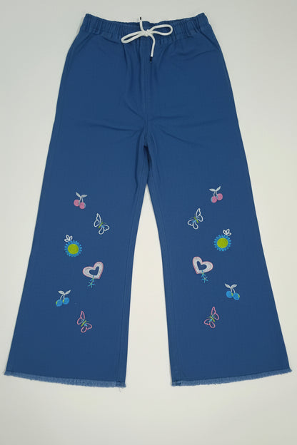 Embroidered Free Size Wide Leg Jeans Pant - Blue Garden