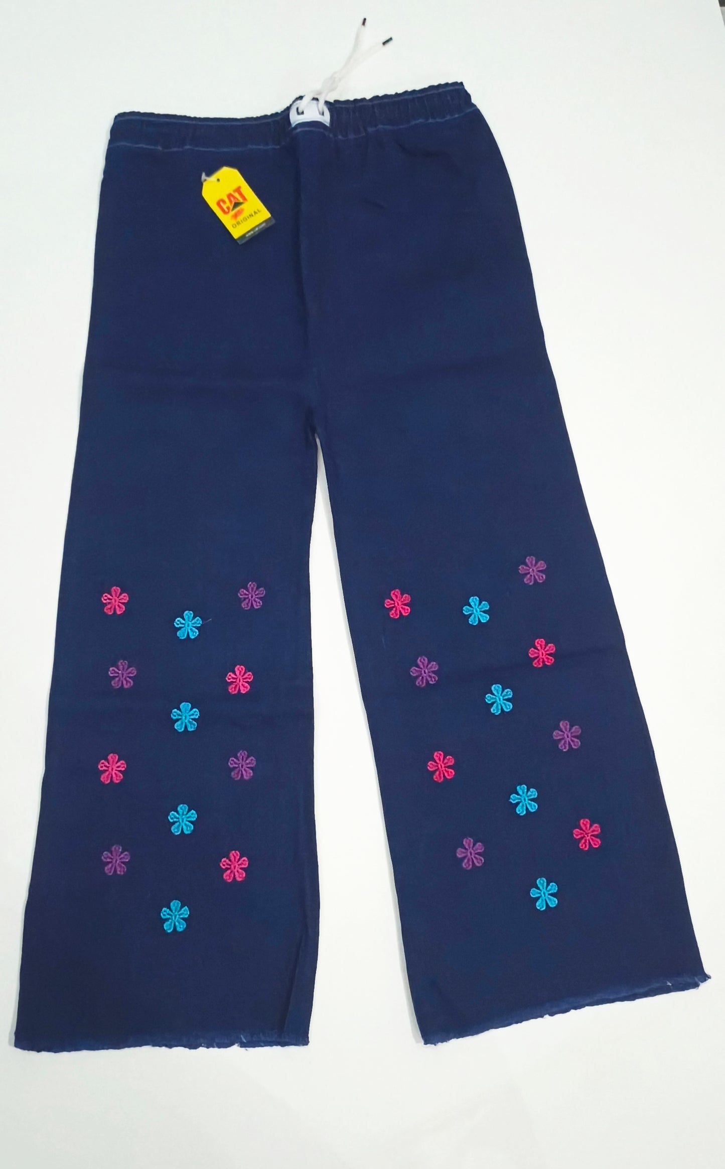 Embroidered Free Size Wide Leg Jeans Pant - Colorful Daisy