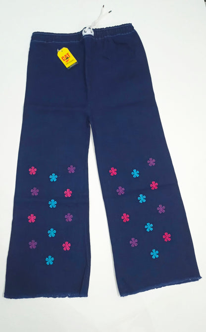 Embroidered Free Size Wide Leg Jeans Pant - Colorful Daisy