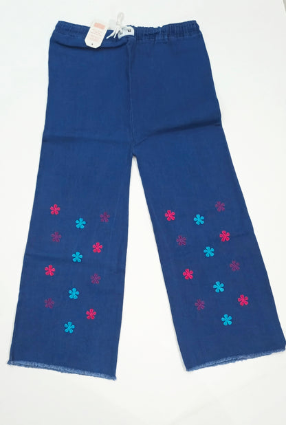 Embroidered Free Size Wide Leg Jeans Pant - Colorful Daisy