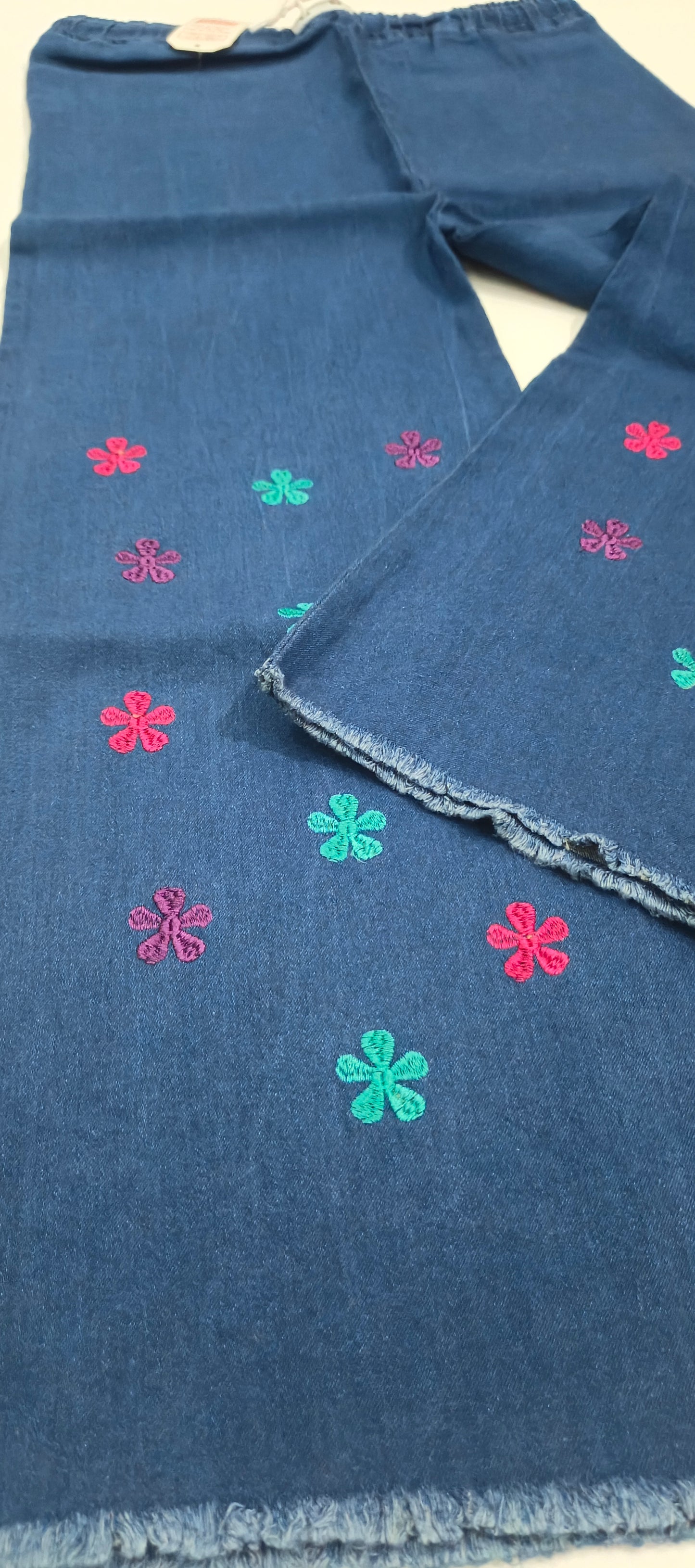 Embroidered Free Size Wide Leg Jeans Pant - Colorful Daisy