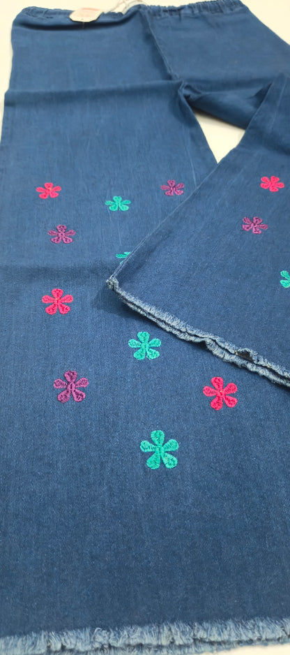Embroidered Free Size Wide Leg Jeans Pant - Colorful Daisy