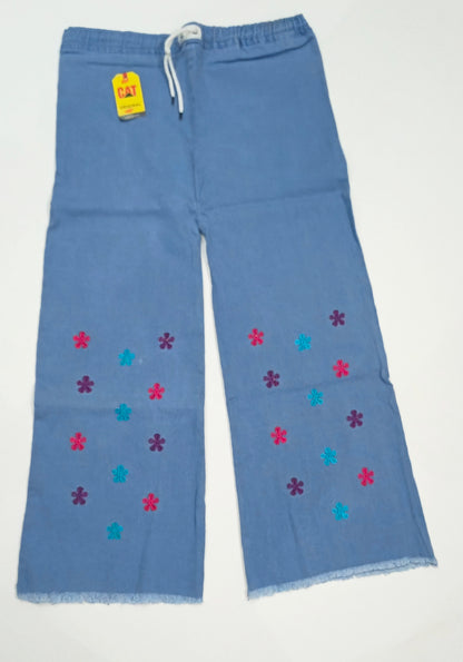Embroidered Free Size Wide Leg Jeans Pant - Colorful Daisy