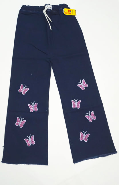 Embroidered Free Size Wide Leg Jeans Pant - Butterfly Bloom