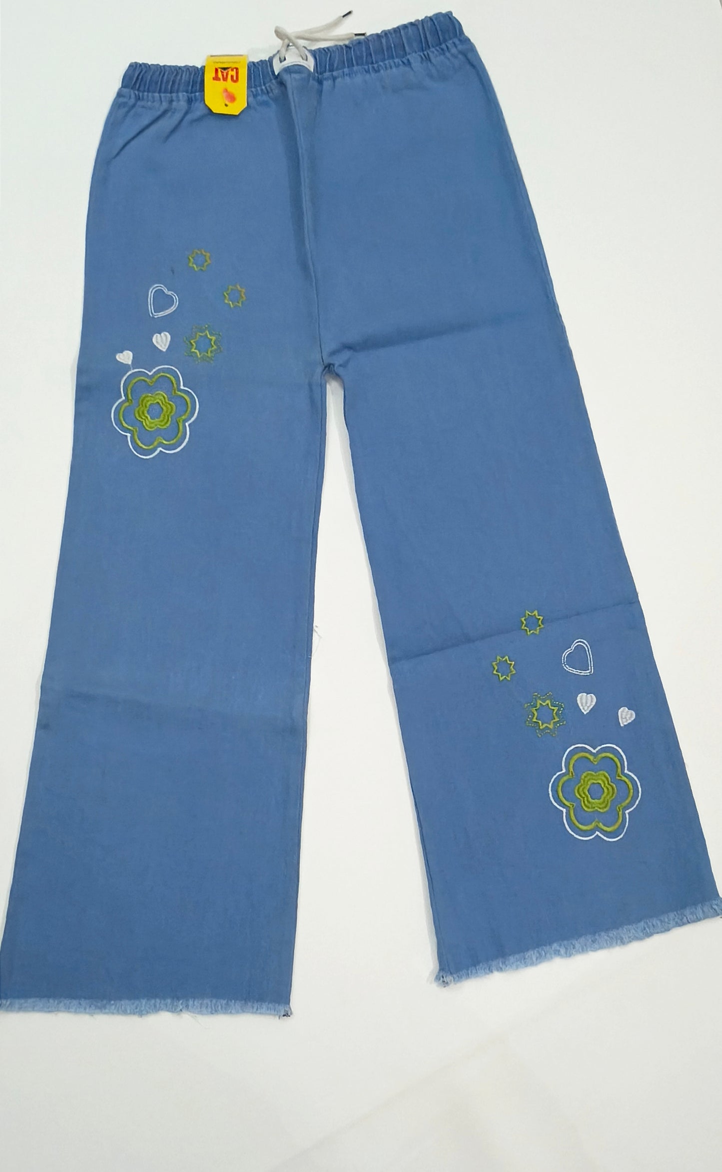 Embroidered Free Size Wide Leg Jeans Pant - Mehndi Bloom