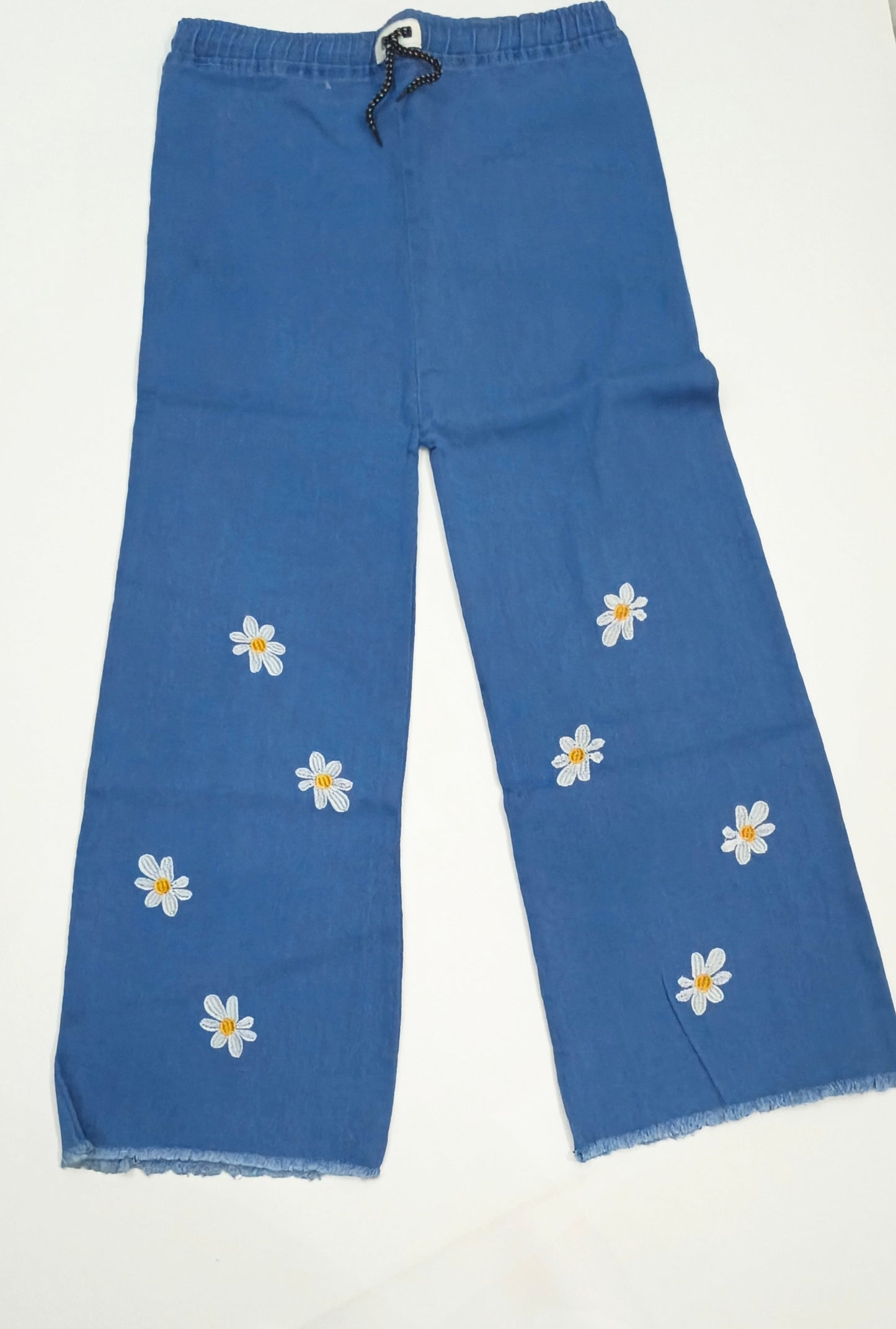Embroidered Free Size Wide Leg Jeans Pant - Daisy Bloom