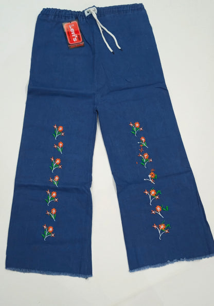 Embroidered Free Size Wide Leg Jeans Pant - Orange Blossom