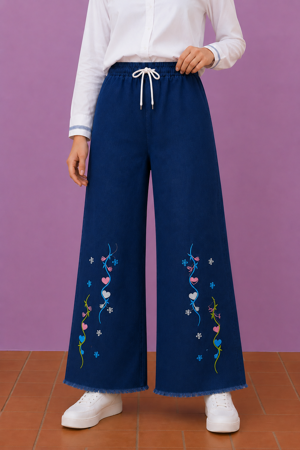 Embroidered Free Size Wide Leg Jeans Pant - Love Vine
