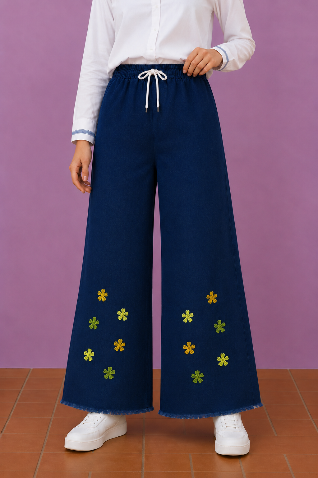 Embroidered Free Size Wide Leg Jeans Pant - Sunflower Meadow