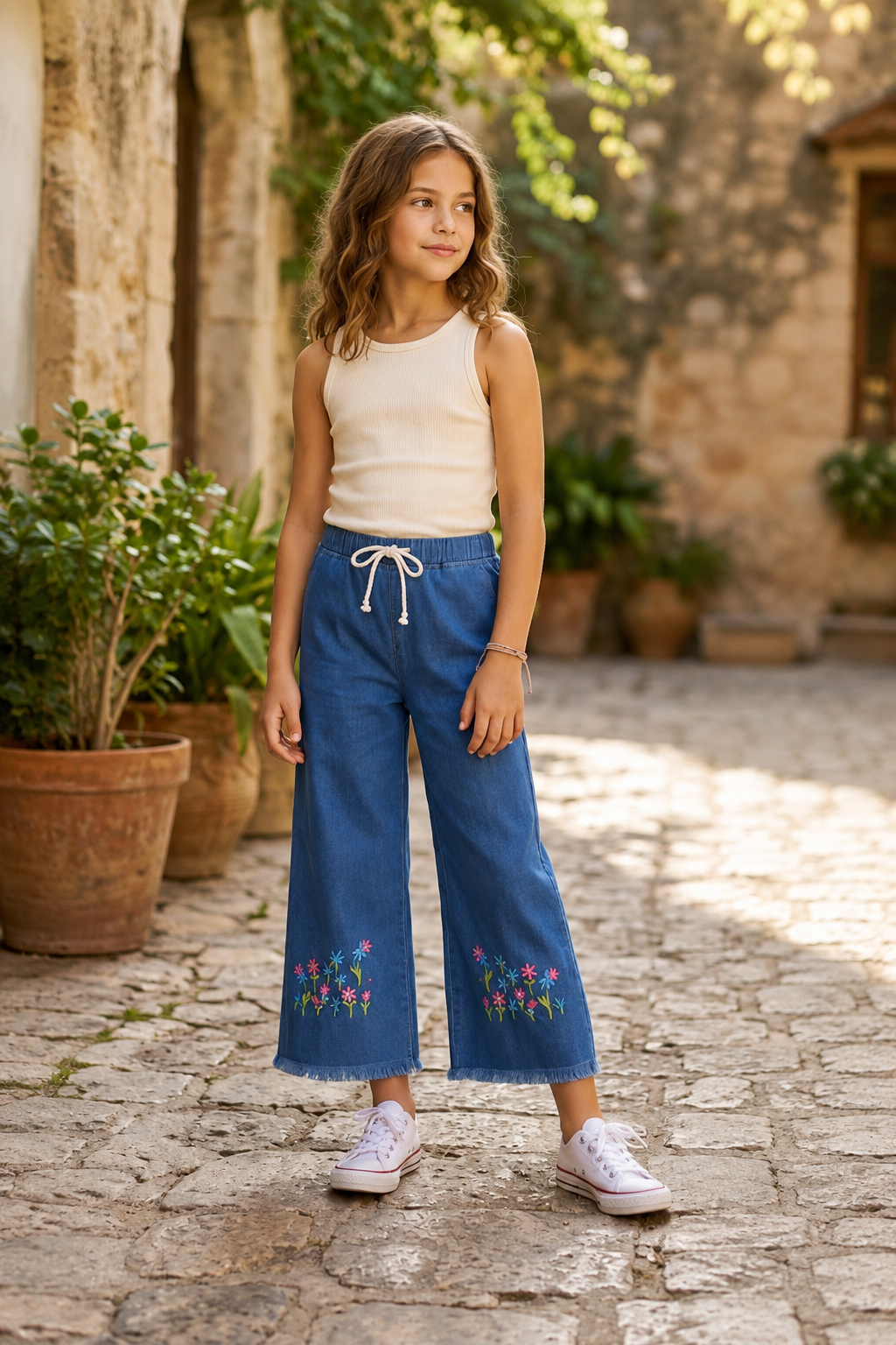 Kids Embroidered Wide-Leg Jeans