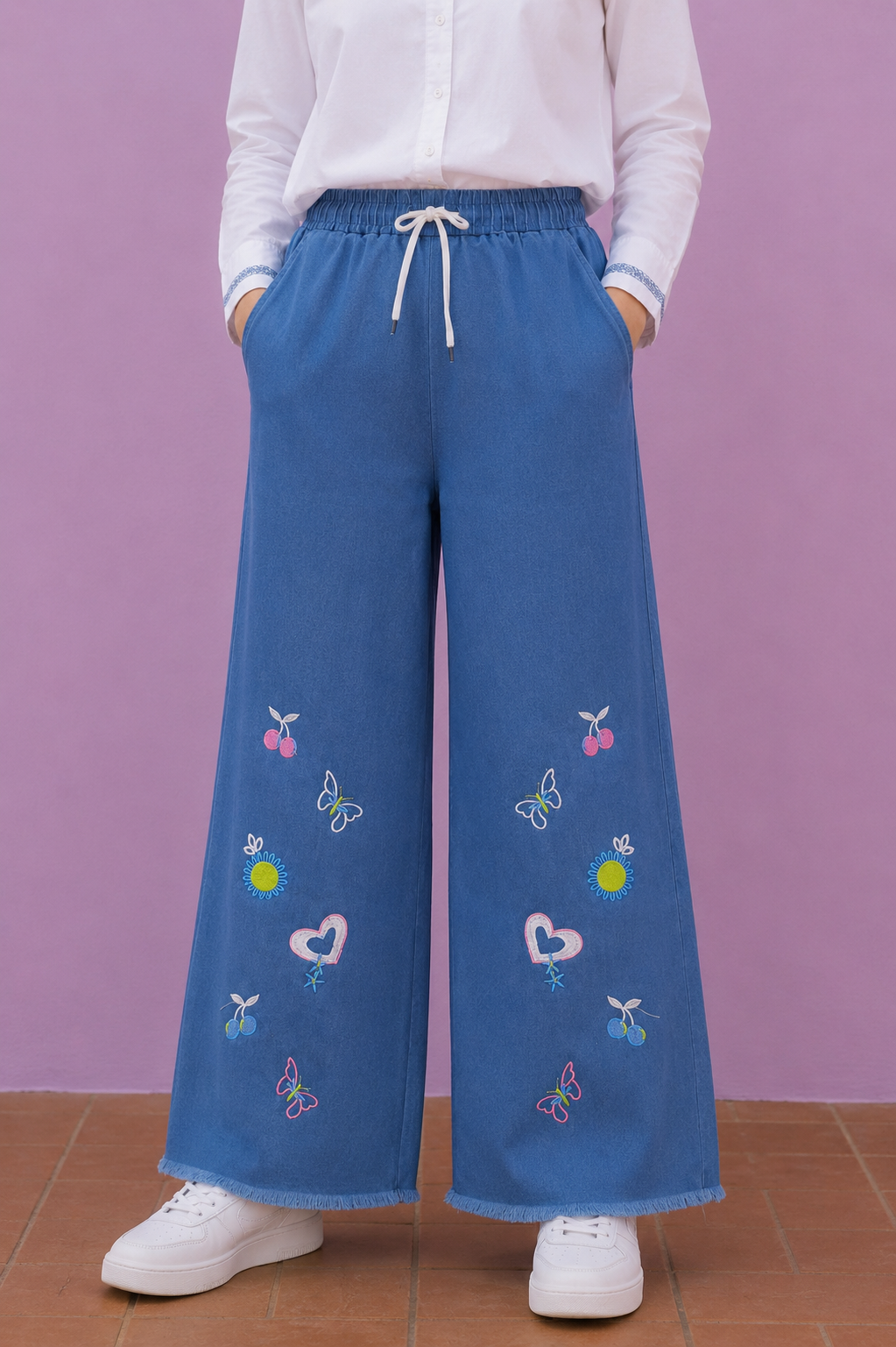 Embroidered Free Size Wide Leg Jeans Pant - Blue Garden