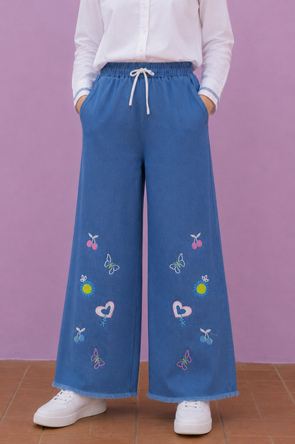 Embroidered Free Size Wide Leg Jeans Pant - Blue Garden