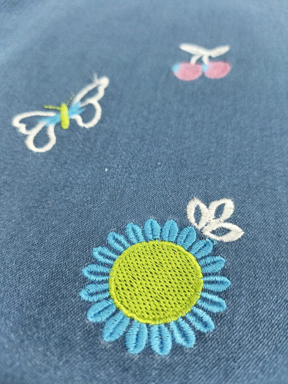 Embroidered Free Size Wide Leg Jeans Pant - Blue Garden